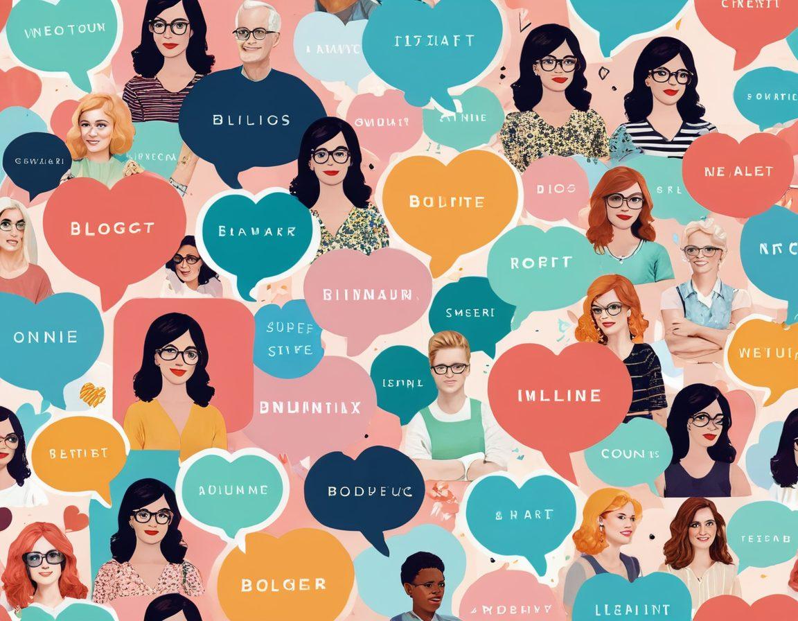 A beautifully arranged collage representing the transition from traditional adult blogs to vibrant online communities, featuring elements like vintage blog layouts, modern digital avatars interacting, lively chat bubbles, and a heart symbolizing connection. The background should blend soft pastels to create an inviting atmosphere, showcasing diversity in content and users. super-realistic. vibrant colors. soft pastel background.